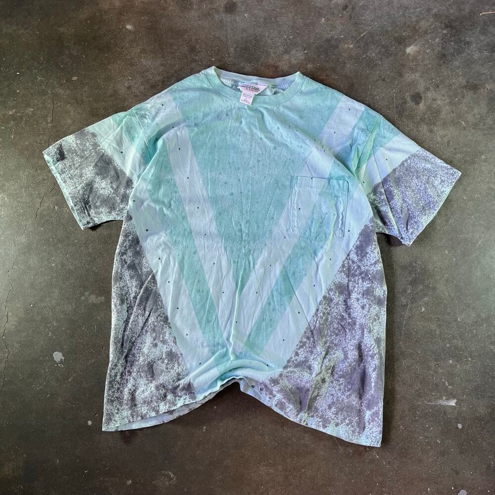 90s insane V shaped colorful blue tie dye cheetah by Mervyns pocket shirt mens L
